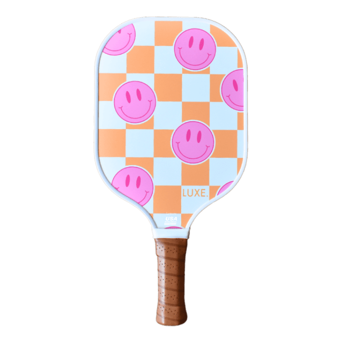 Checker Smiley Pickleball Paddle with Dark Brown Grip